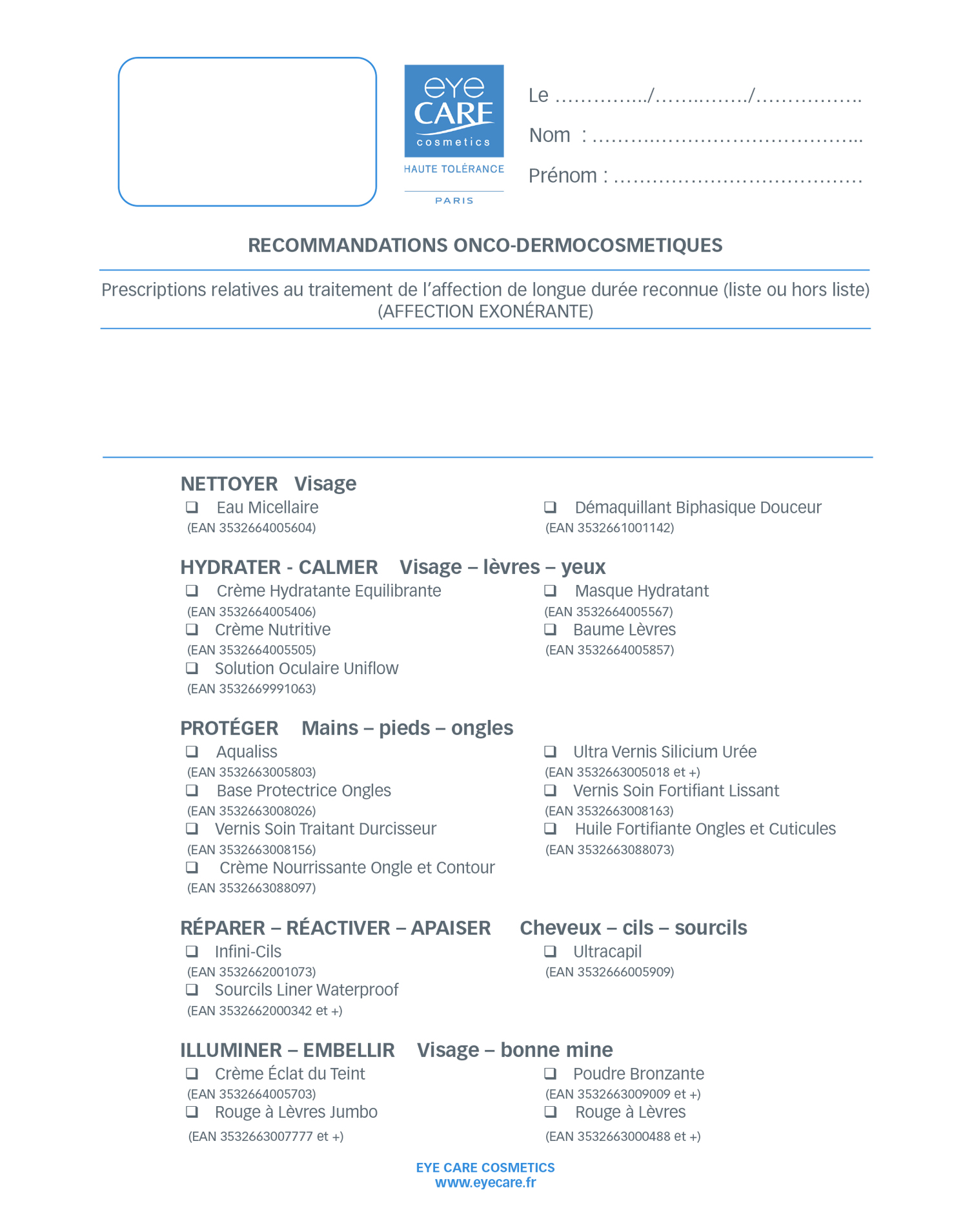 Ordonnance Onco-dermocosmetique Eye Care Cosmetics